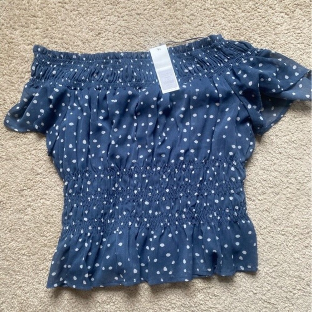 Mi Ami Blue and White Polka Dot Smocked Off-Shoulder Top